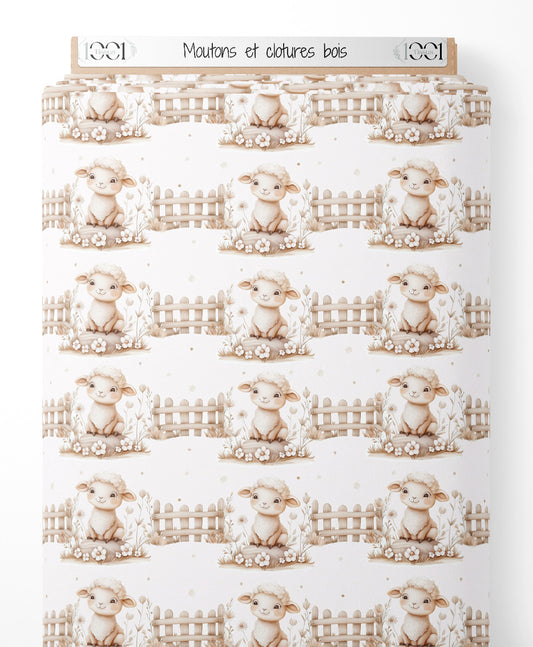 Tissu - Moutons et clôtures bois