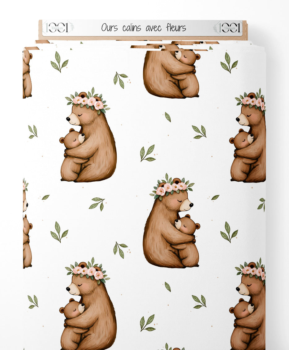 Tissu - Ours câlins avec fleurs