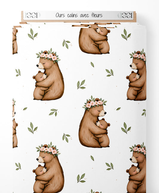 Tissu - Ours câlins avec fleurs