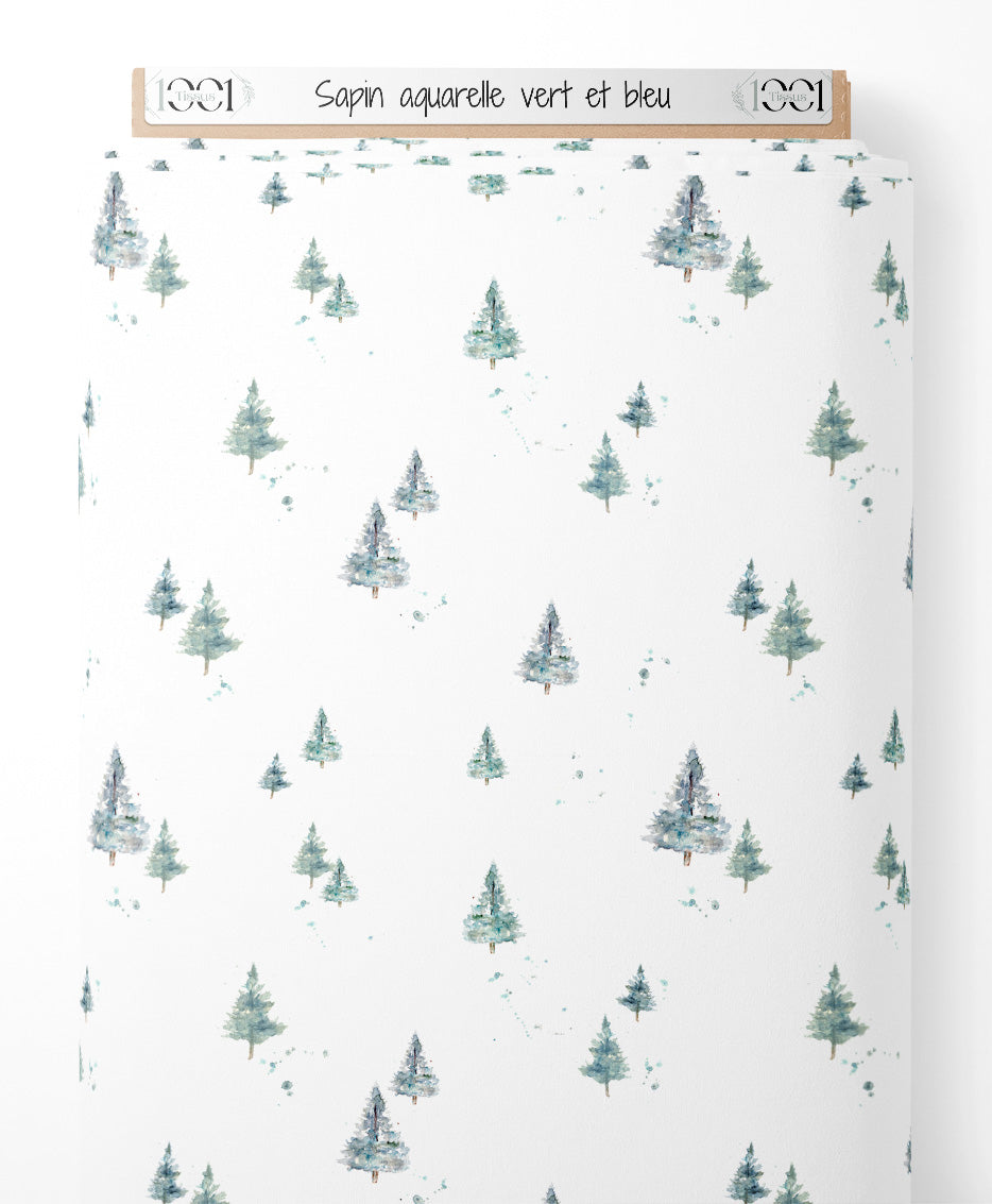 Tissu - Sapin aquarelle vert et bleu