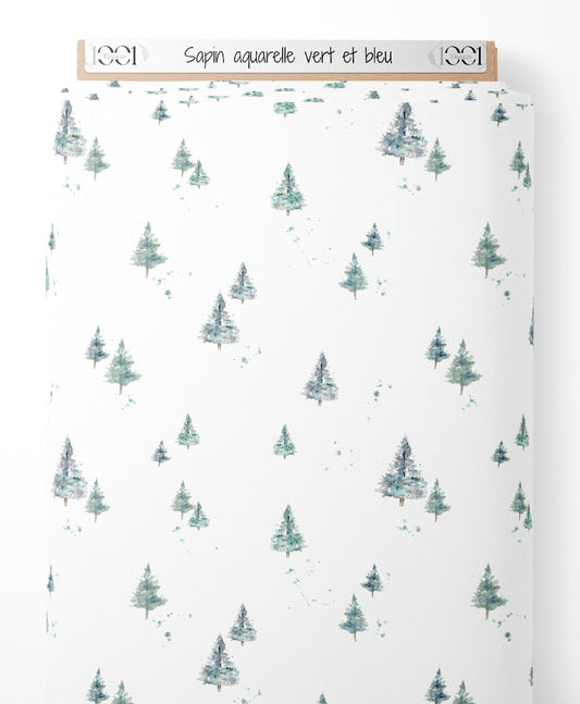 Tissu - Sapin aquarelle vert et bleu