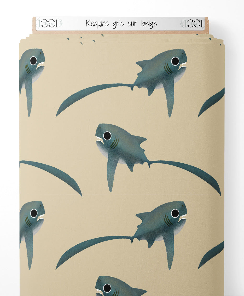 Tissu - Requins gris sur beige