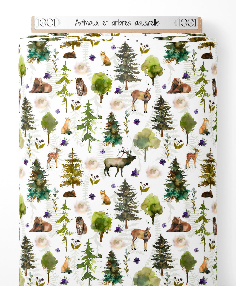 Tissu - Animaux et arbres aquarelle