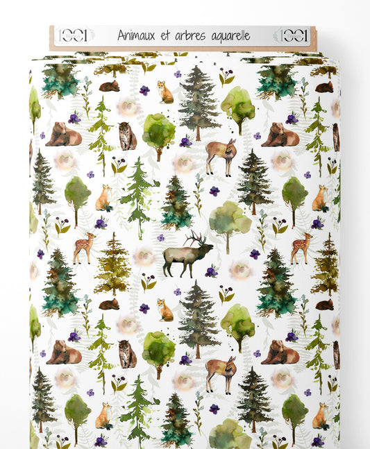 Tissu - Animaux et arbres aquarelle