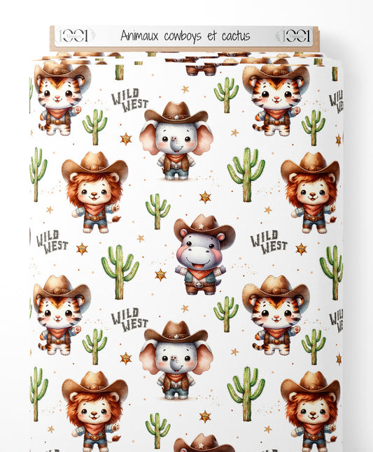 Tissu - Animaux cowboys et cactus