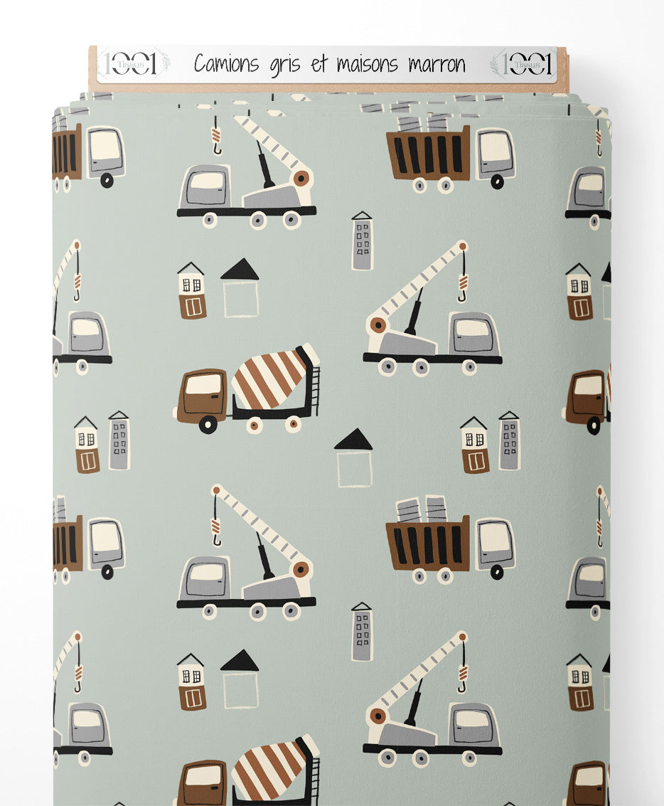 Tissu - Camions gris et maisons marron