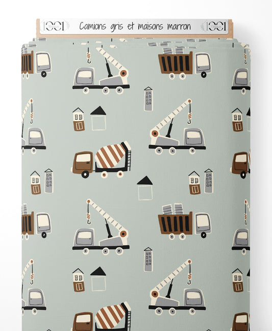 Tissu - Camions gris et maisons marron