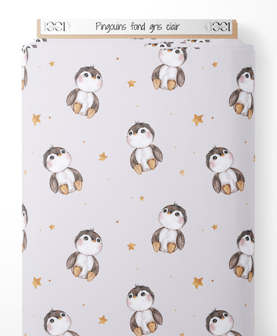 Tissu - Pingouins sur fond gris clair