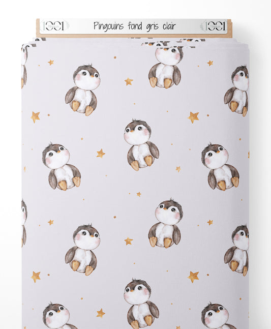 Tissu - Pingouins sur fond gris clair