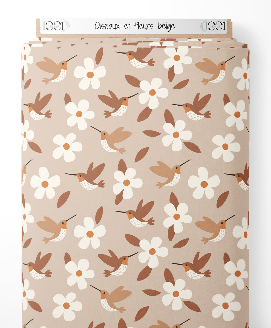 Tissu - Oiseaux et fleurs beige