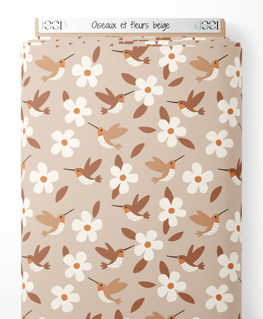 Tissu - Oiseaux et fleurs beige