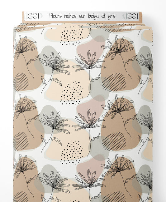 Tissu - Fleurs noires sur beige et gris
