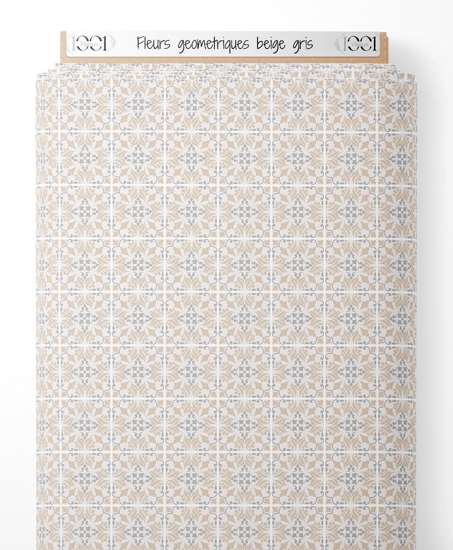 Tissu - Fleurs géométriques beige gris