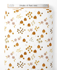 Tissu - Citrouilles et fleurs roses