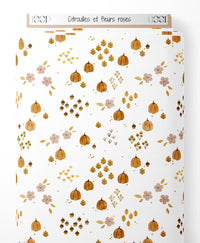 Tissu - Citrouilles et fleurs roses