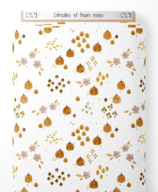 Tissu - Citrouilles et fleurs roses