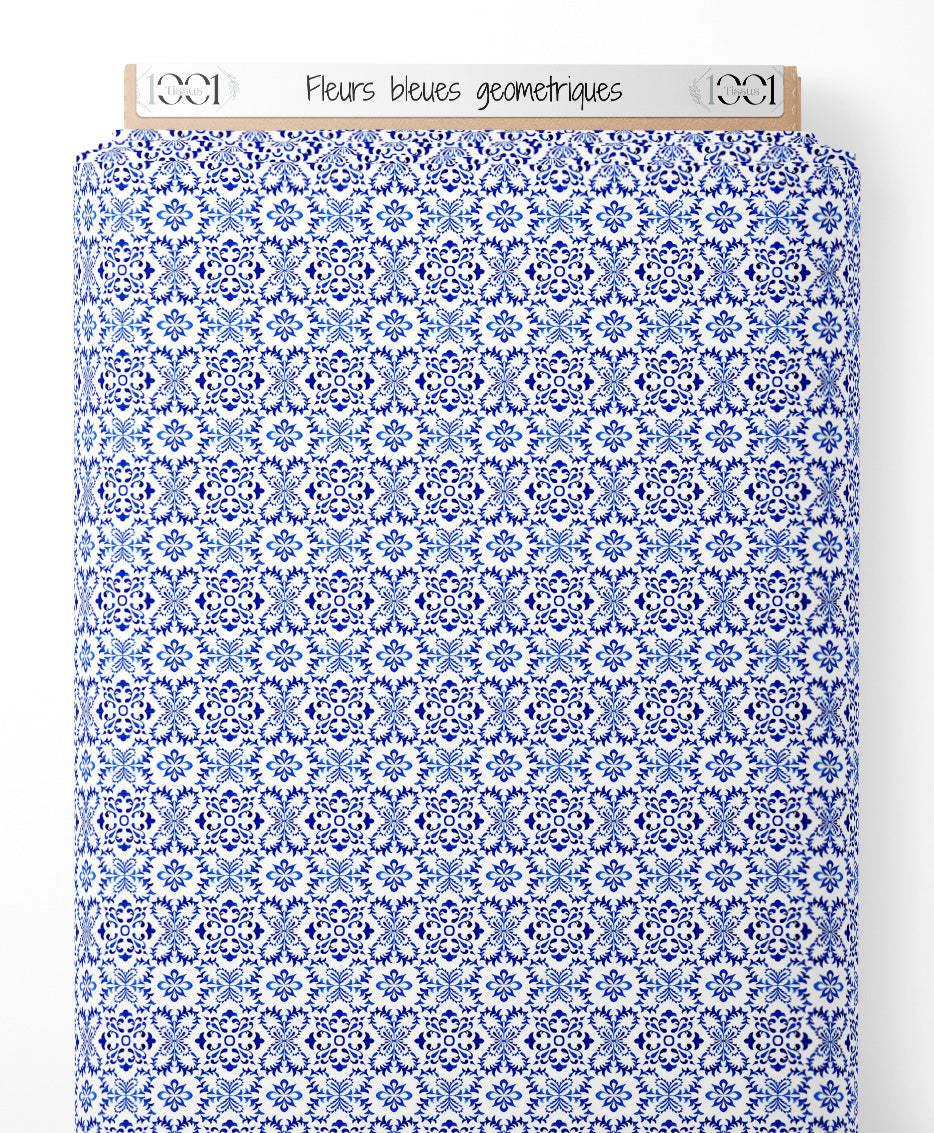 Tissu - Fleurs bleues géométriques