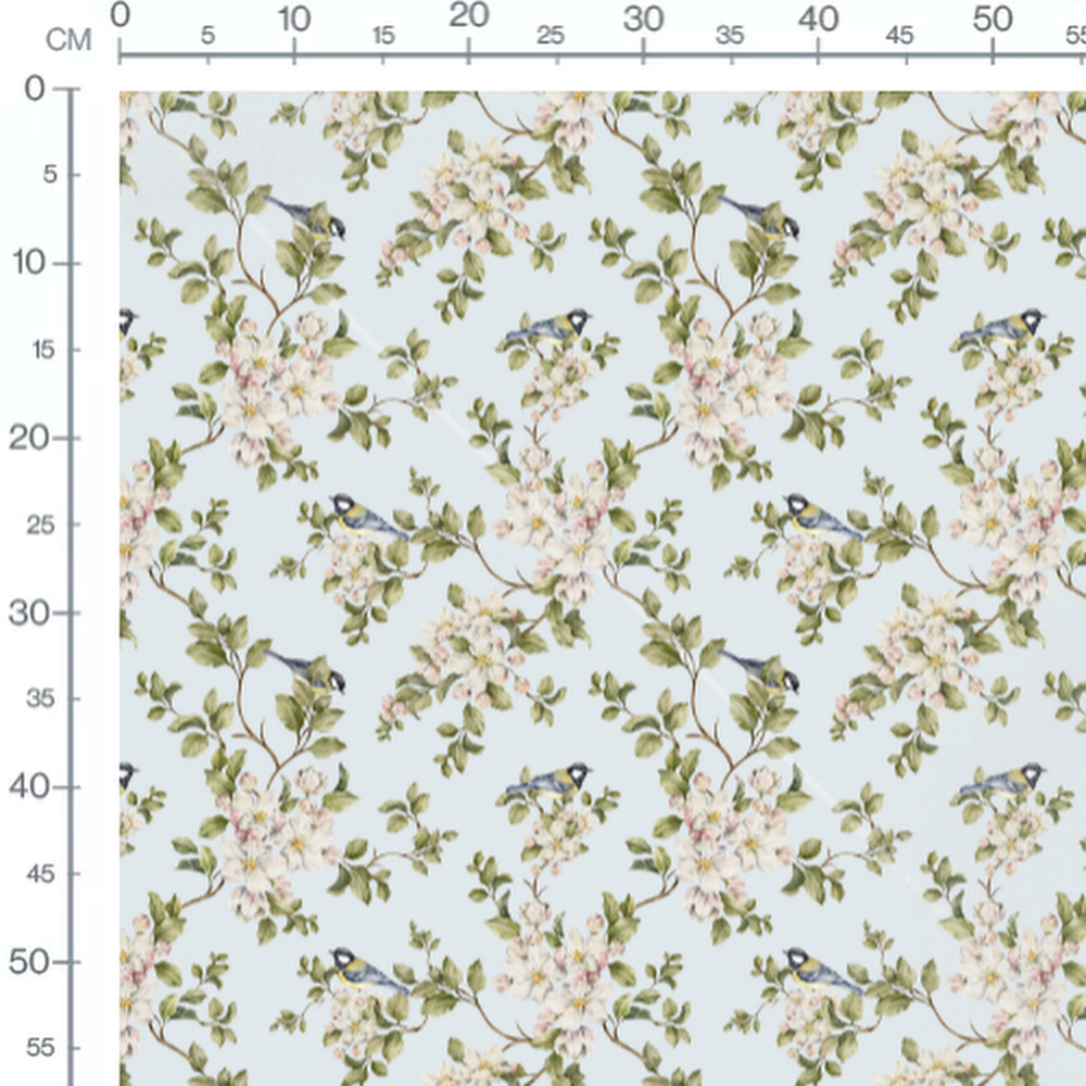 Tissu - Oiseaux bleus et jaunes fleuris