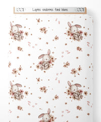 Tissu - Lapins endormis sur fond blanc