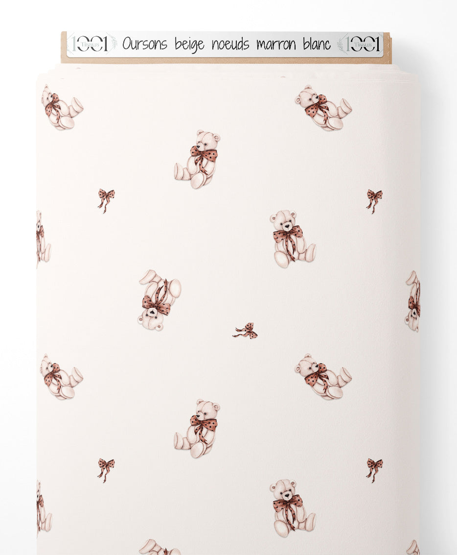 Tissu - Oursons beige nœuds marron blanc