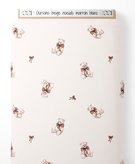 Tissu - Oursons beige nœuds marron blanc