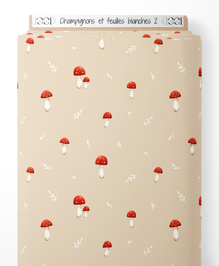 Tissu - Champignons et feuilles blanches 2
