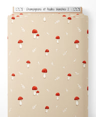 Tissu - Champignons et feuilles blanches 2