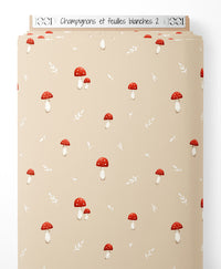 Tissu - Champignons et feuilles blanches 2