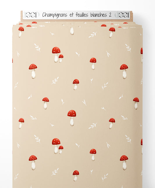 Tissu - Champignons et feuilles blanches 2