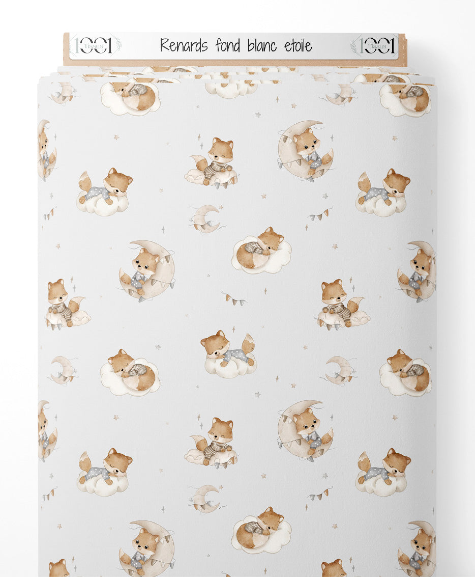 Tissu - Renards sur fond blanc étoilé