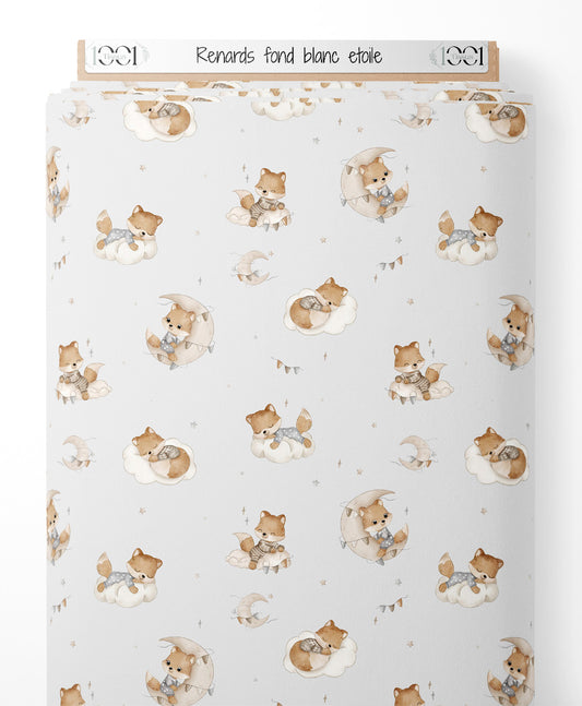 Tissu - Renards sur fond blanc étoilé