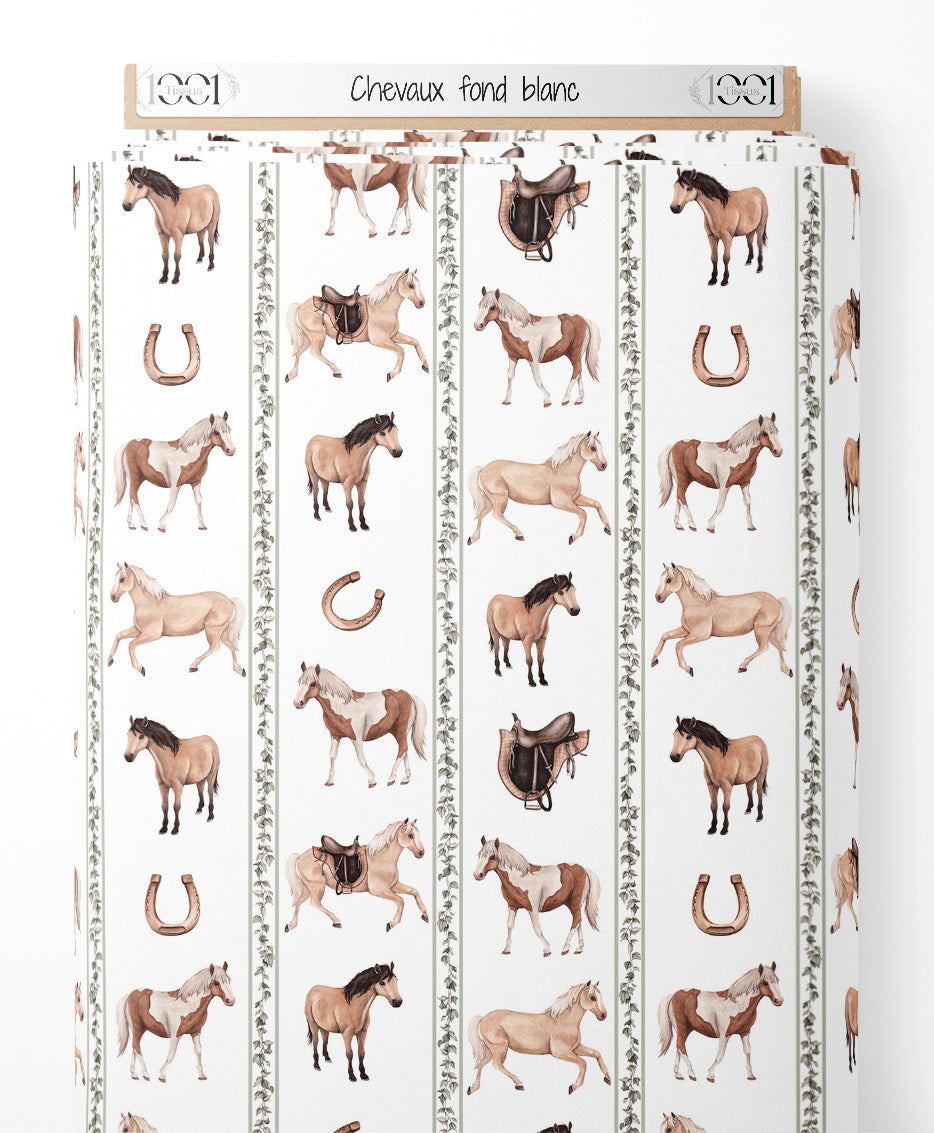 Tissu - Chevaux sur fond blanc