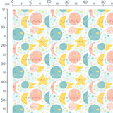 Tissu - Planètes multicolores sur bleu