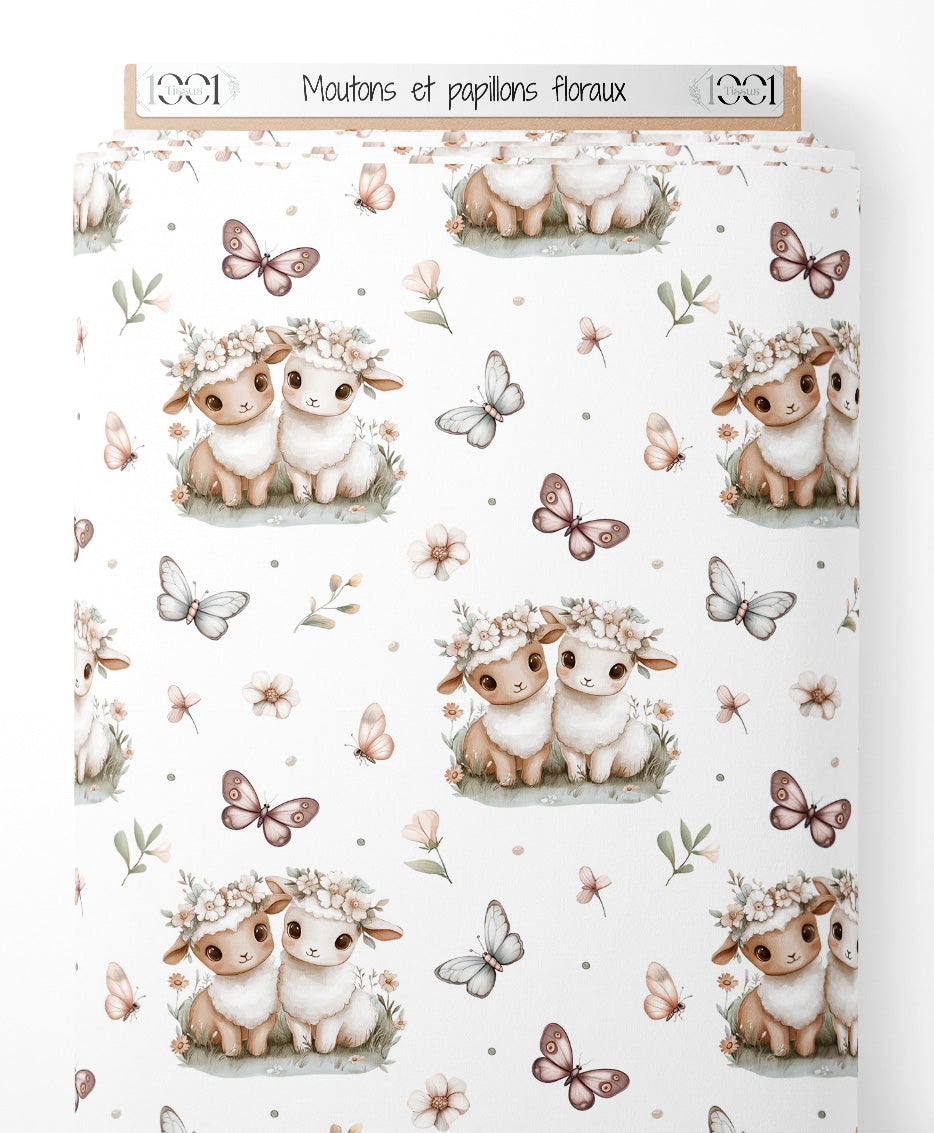 Tissu - Moutons et papillons floraux
