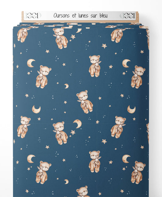Tissu - Oursons et lunes sur bleu