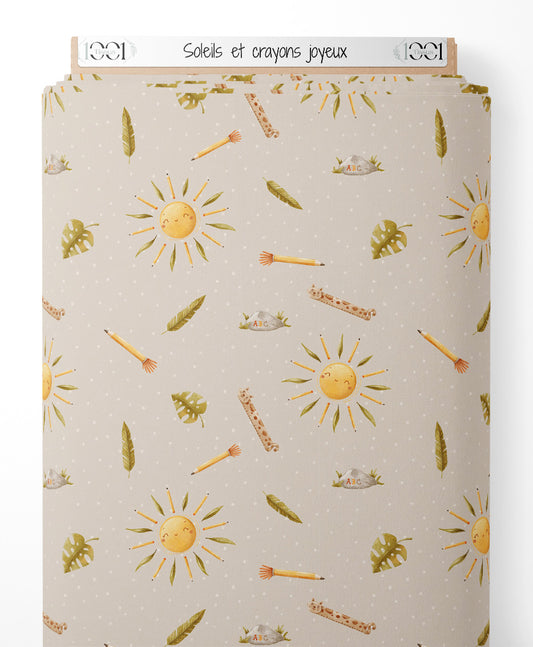 Tissu - Soleils et crayons joyeux