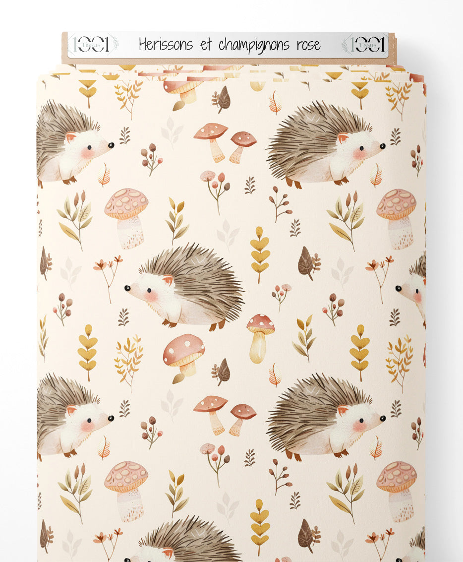 Tissu - Hérissons et champignons rose