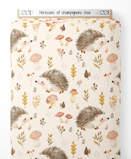 Tissu - Hérissons et champignons rose