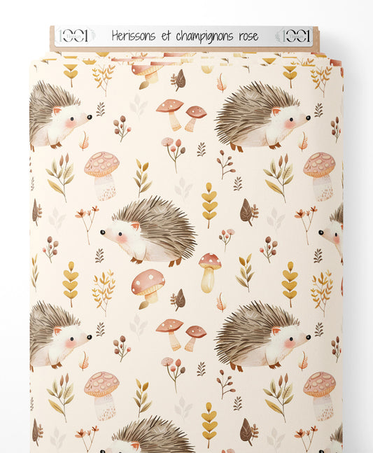 Tissu - Hérissons et champignons rose