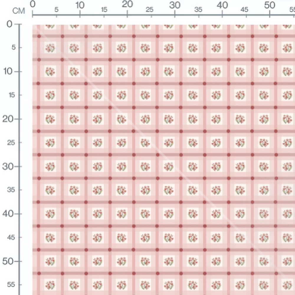 Tissu - Carreaux roses fleurs rouges