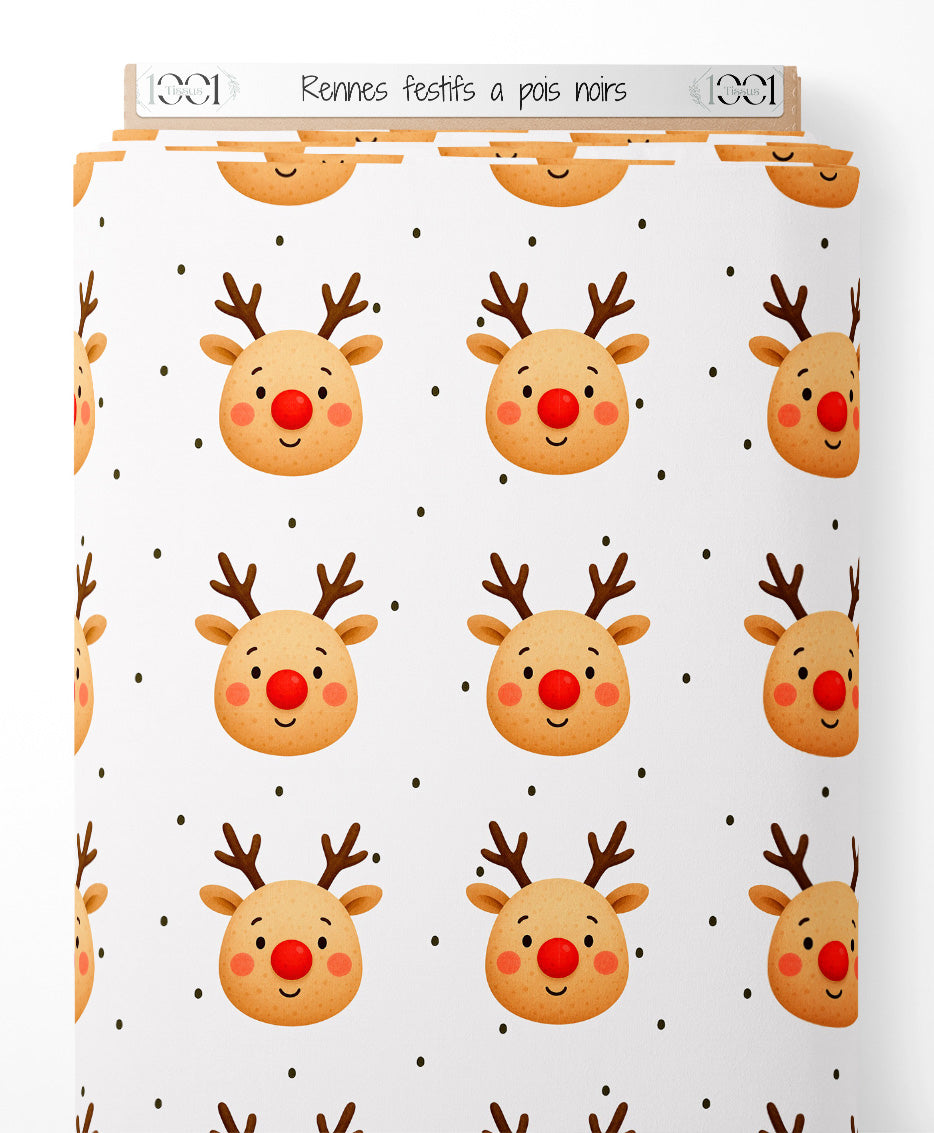 Tissu - Rennes festifs à pois noirs
