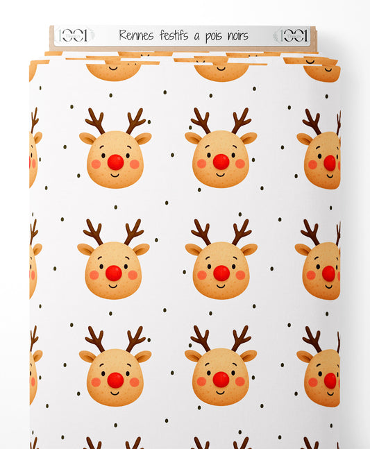 Tissu - Rennes festifs à pois noirs