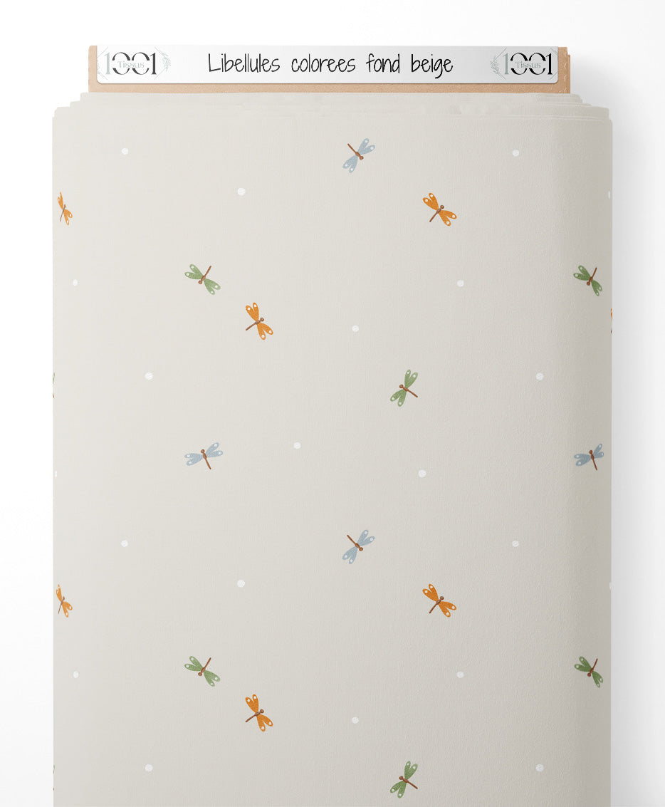 Tissu - Libellules colorées sur fond beige