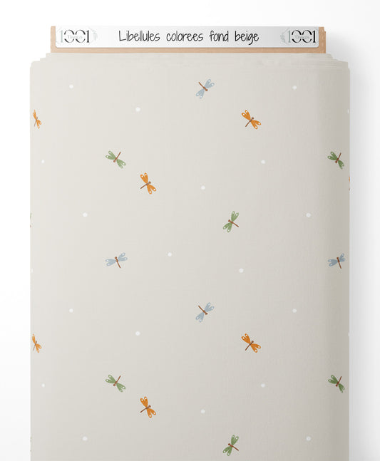 Tissu - Libellules colorées sur fond beige