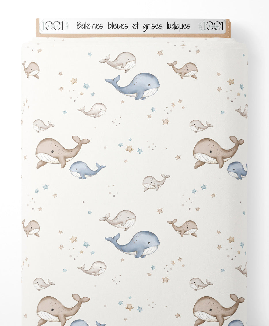 Tissu - Baleines bleues et grises ludiques