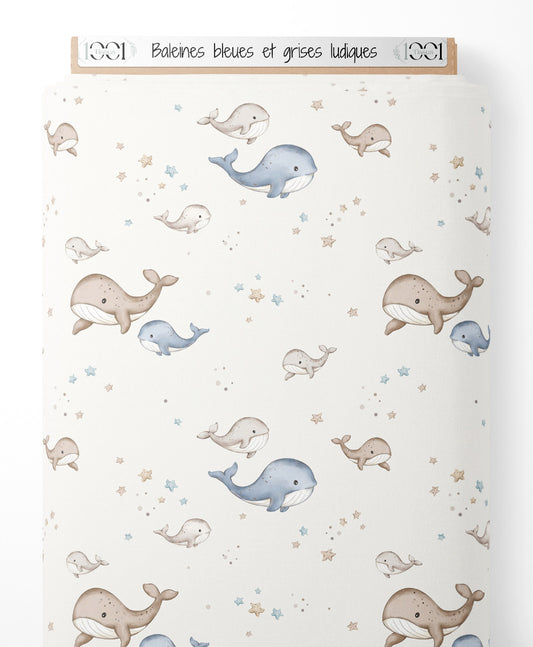 Tissu - Baleines bleues et grises ludiques