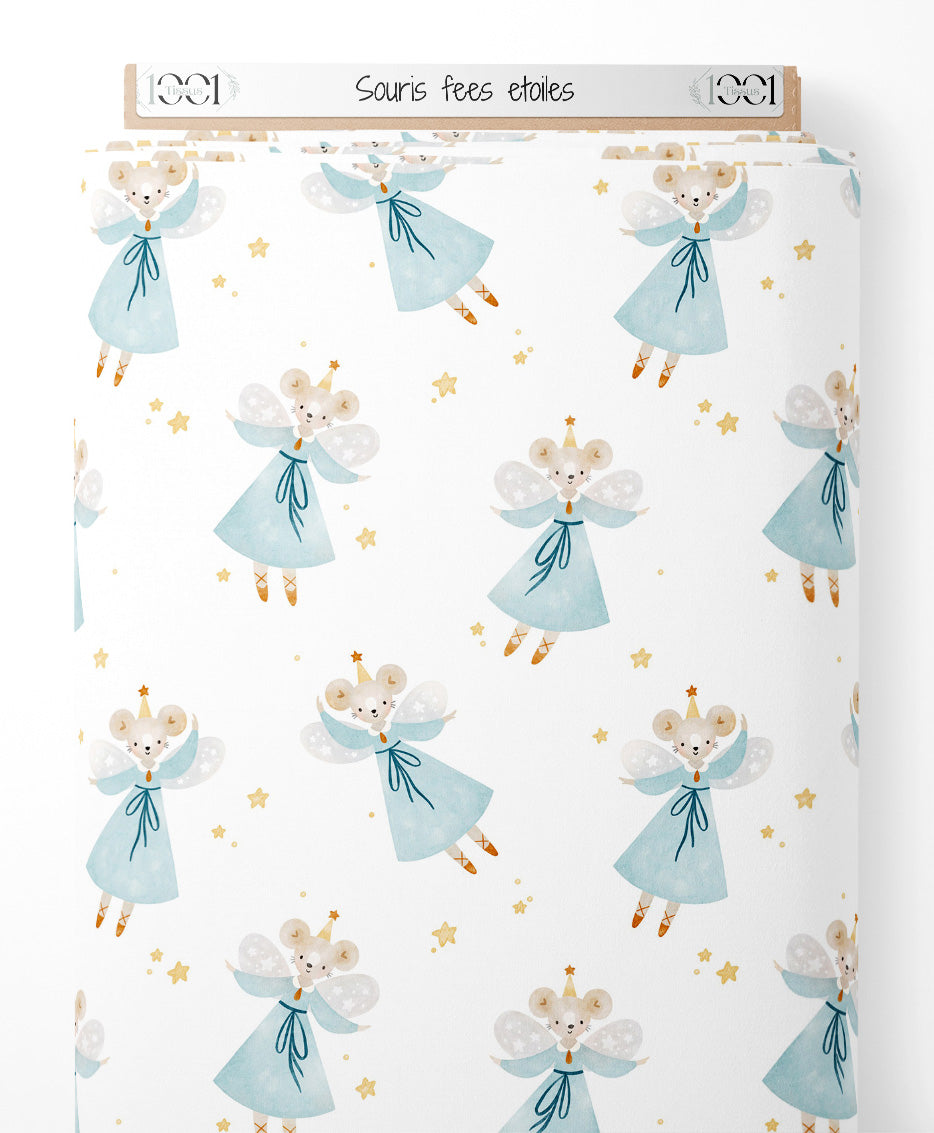 Tissu - Souris fées étoiles