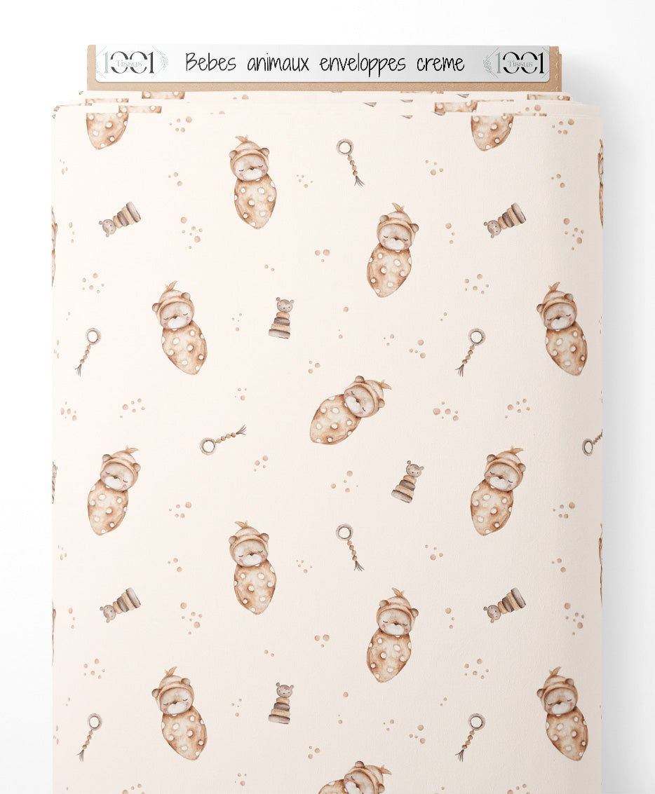 Tissu - Bébés animaux enveloppés crème