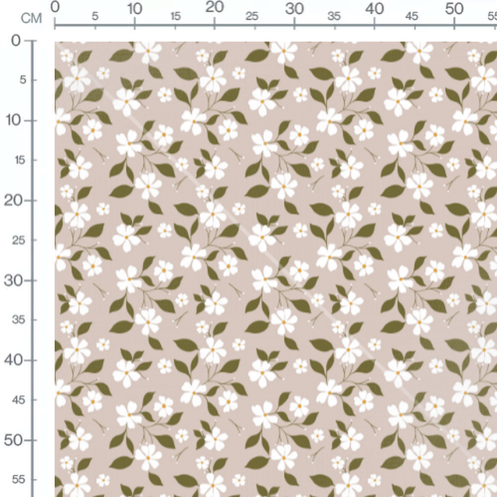 Tissu - Fleurs blanches et feuilles