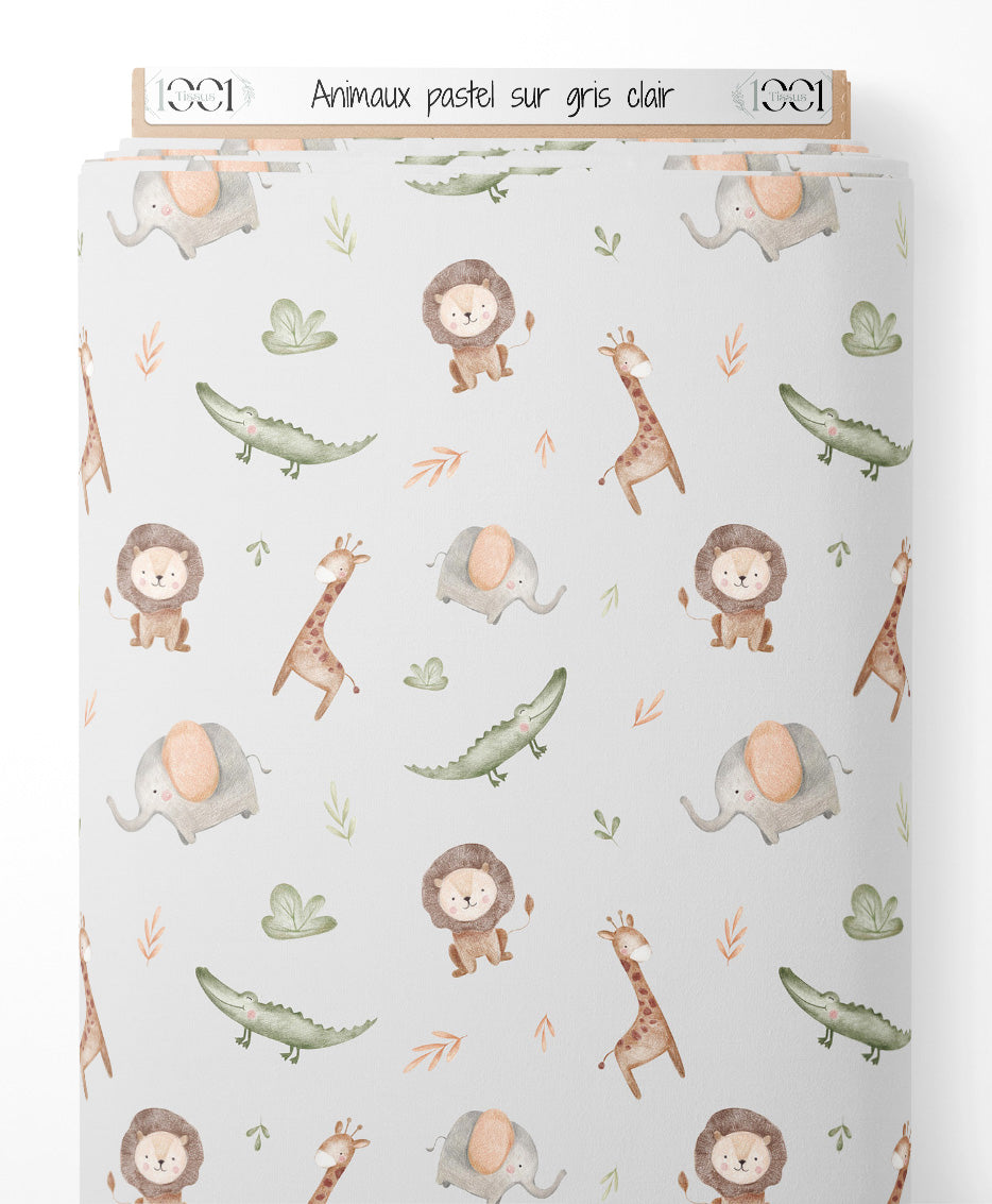 Tissu - Animaux pastel sur gris clair
